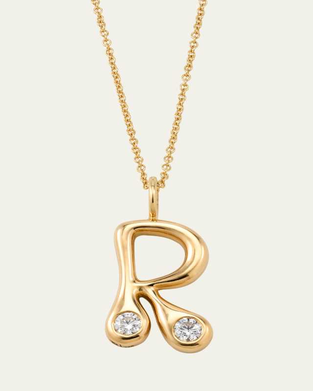 18K Bubble Letter Pendant Necklace with 2 Diamonds, 18"L